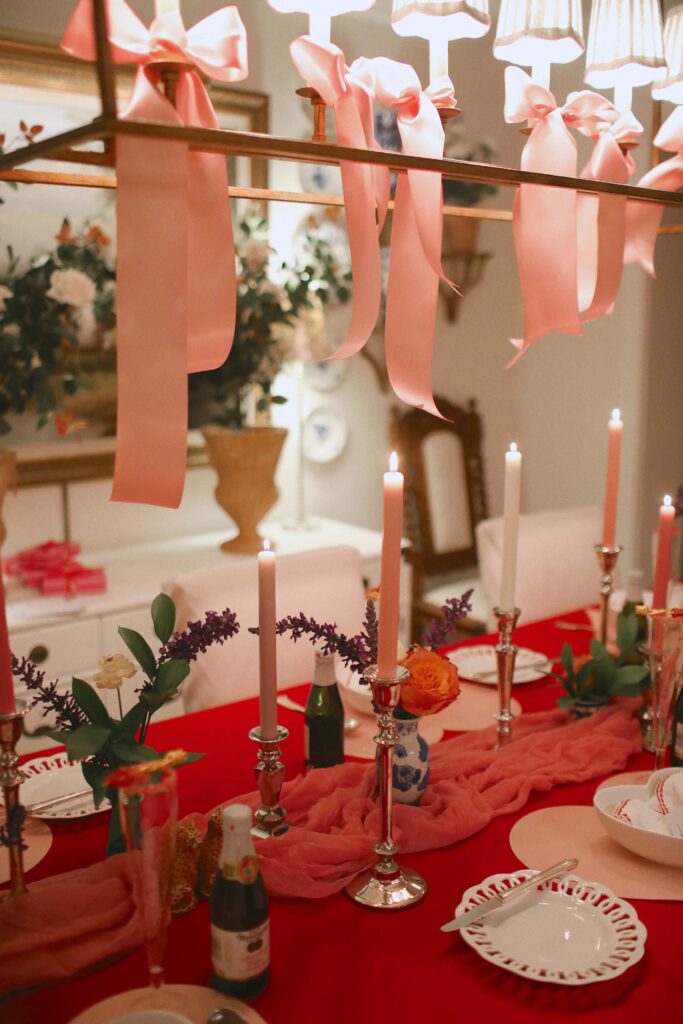 galentine's day Valentine's Day tablescape home party table setting pink ribbons