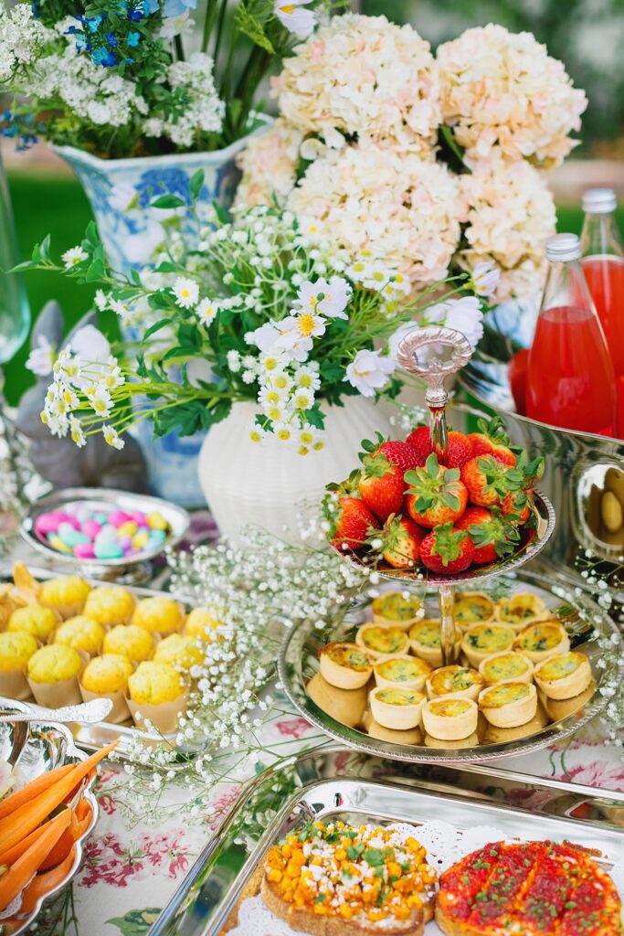 easter buffet ideas party food buffet ideas - spring party, garden party with umbrella - pottery barn collab with Diana Elizabeth Steffen